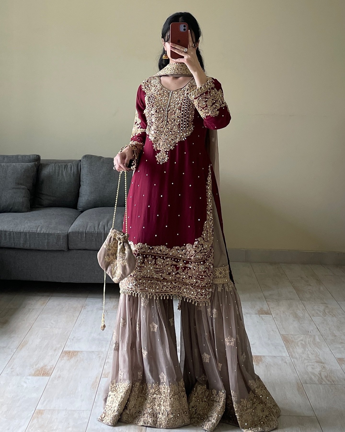 WINE GEORGETTE WITH SHARARA SUIT AND HEAVY DUPATTA - Image 2