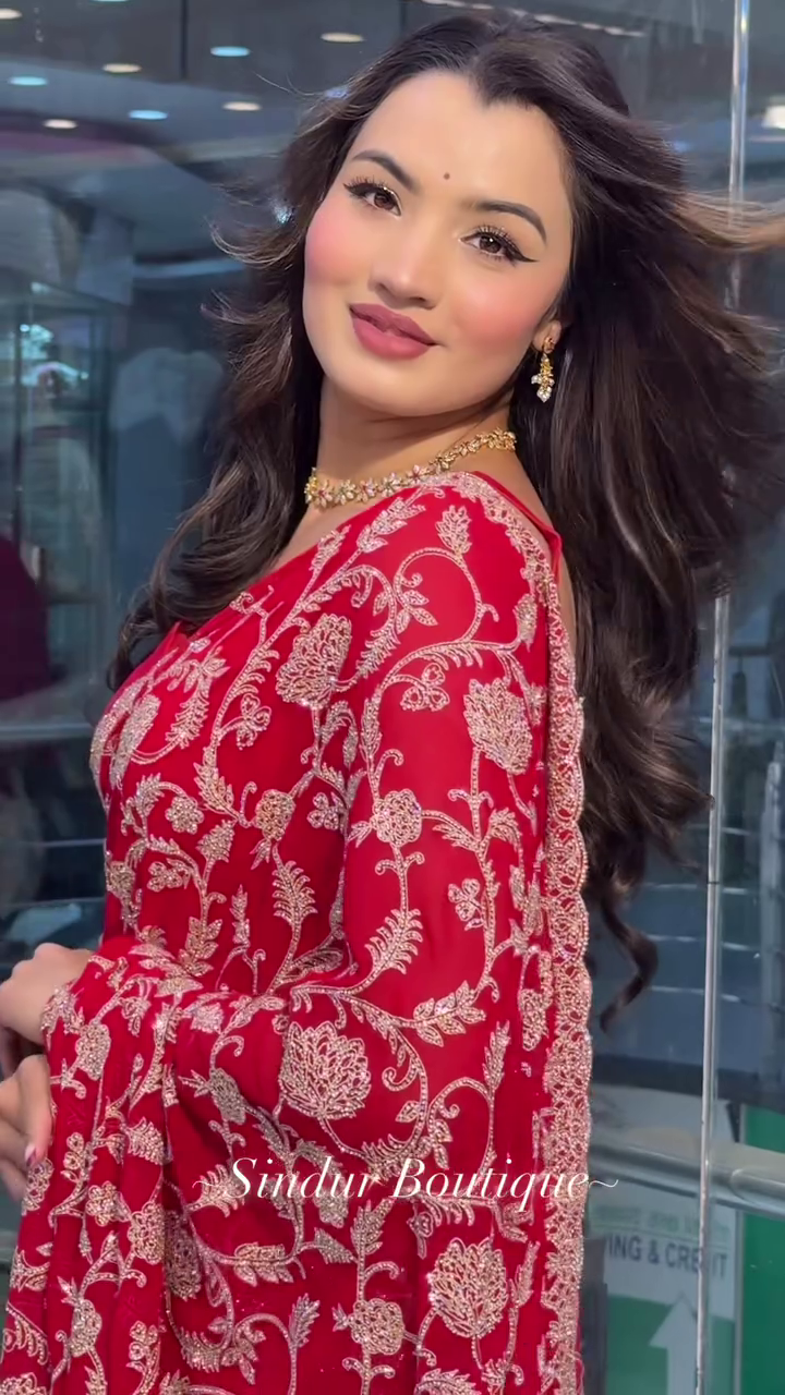 Radiant Red Embroidered Saree with Intricate Floral Detailing - Image 6