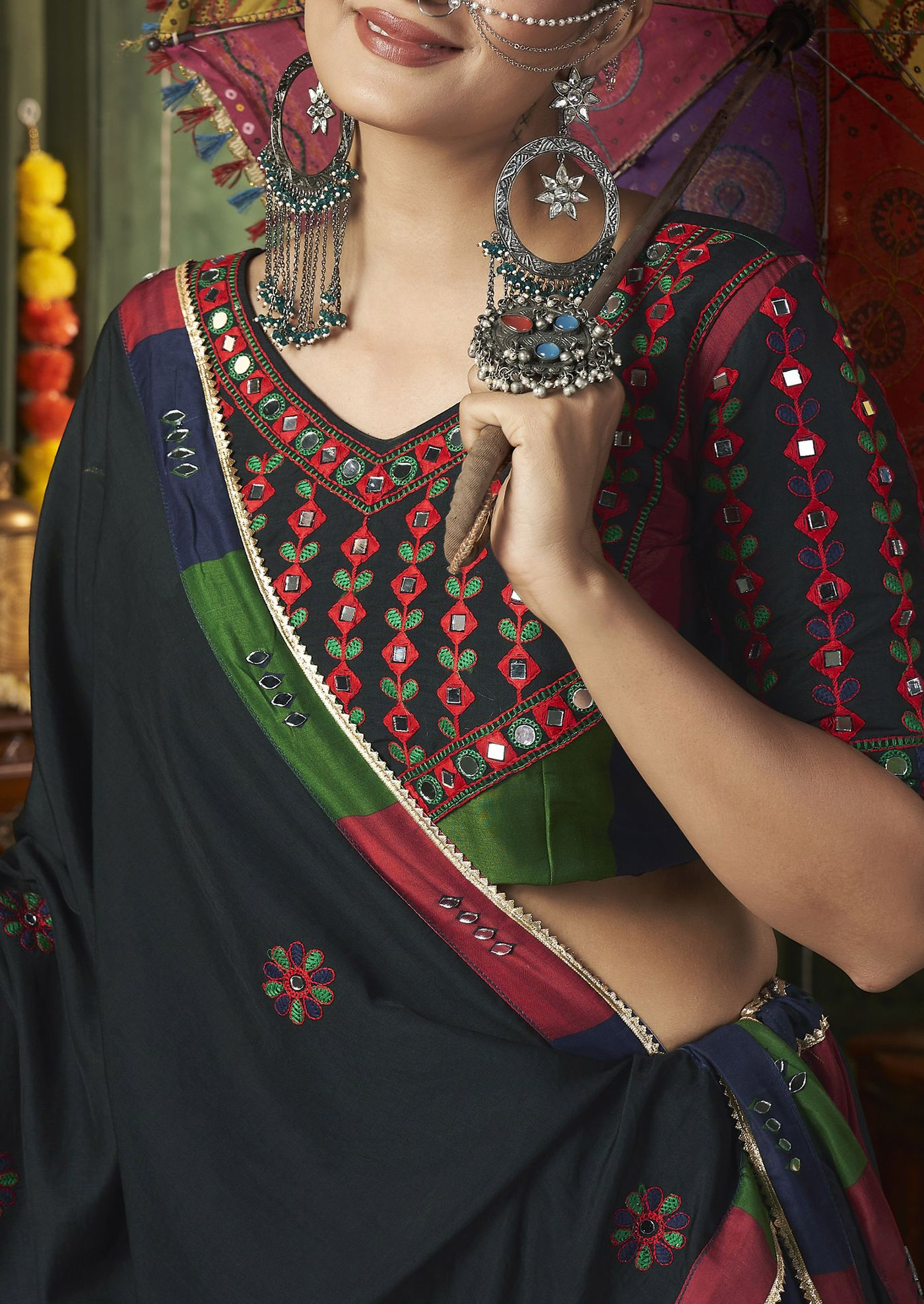 Multi Color Thread Mirror Embellished Maslin Cotton Lehenga Set - Image 2