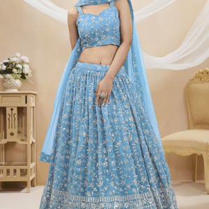 Sky Blue Sequins Georgette Wedding Wear Lehenga Choli – Radiant Elegance for Your Special Day