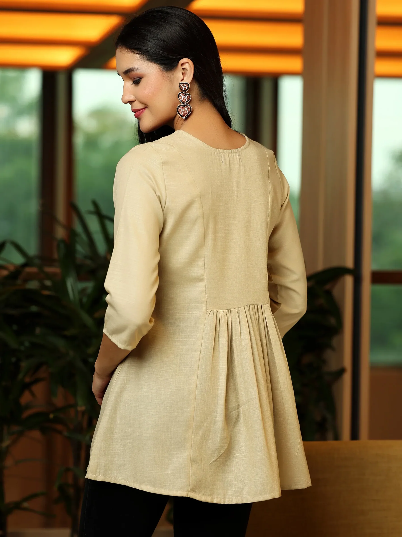 Beige Yoke Design Cotton Blend A-Line Kurti – Classic Comfort Meets Modern Elegance - Image 3