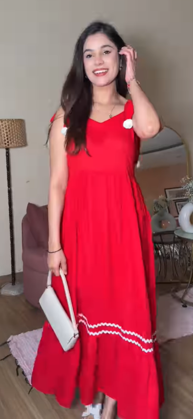 Women's Red Tie-Shoulder Tiered Maxi Dress. - Image 2