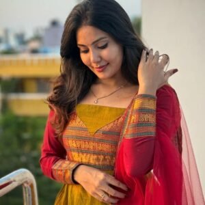 Mustard Gold Anarkali Gown with Banarasi Border & Crimson Net Dupatta