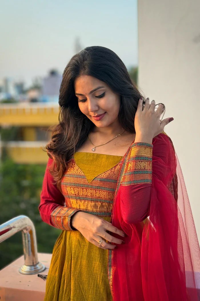 Mustard Gold Anarkali Gown with Banarasi Border & Crimson Net Dupatta