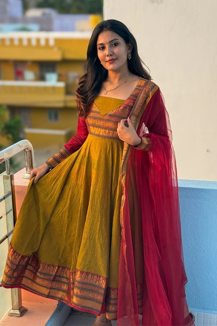 Mustard Gold Anarkali Gown with Banarasi Border & Crimson Net Dupatta - Image 2