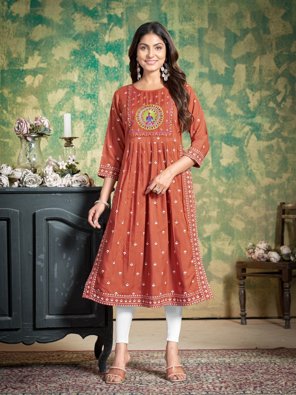 Mustard Gold Anarkali Gown with Banarasi Border & Crimson Net Dupatta - Image 6