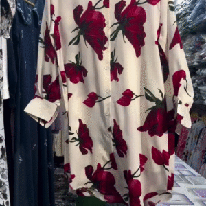 Women Cream Base Red Rose Floral Printed Long Shirt | Elegant Casual Tunic