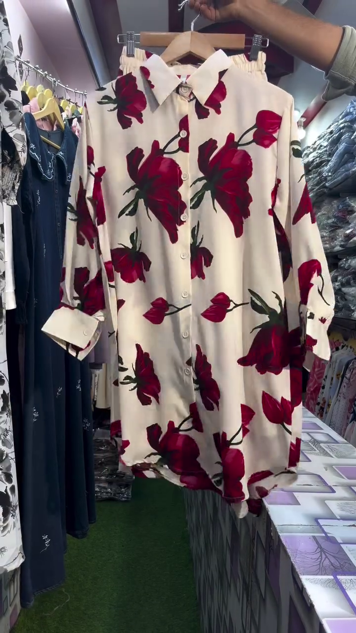 Women Cream Base Red Rose Floral Printed Long Shirt | Elegant Casual Tunic