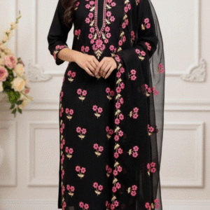 Midnight Black Cotton Silk Suit with Pink Floral Resham Embroidery