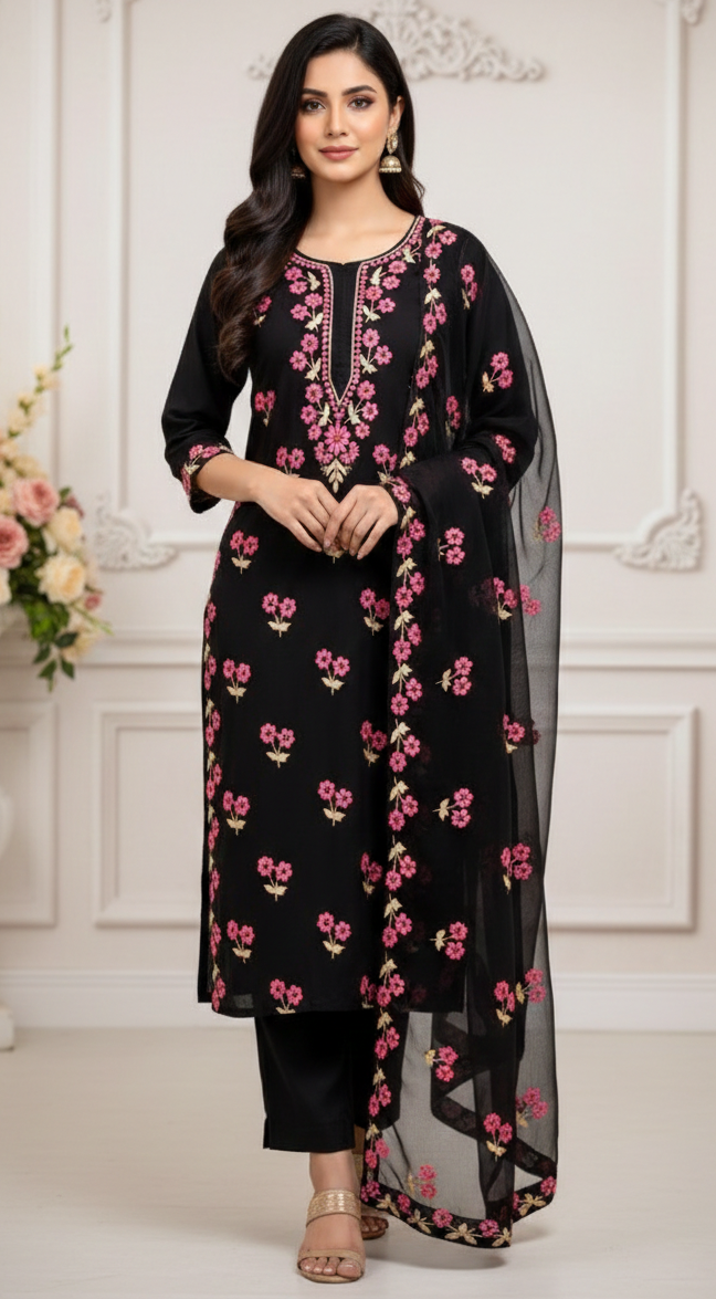Midnight Black Cotton Silk Suit with Pink Floral Resham Embroidery