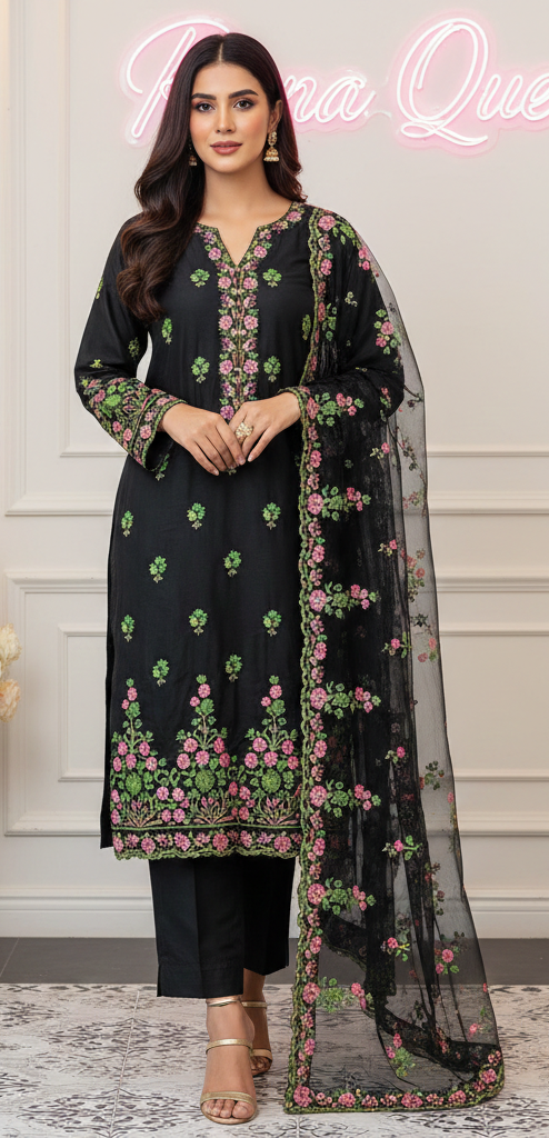 Midnight Black Cotton Silk Suit with Pink Floral Resham Embroidery - Image 4