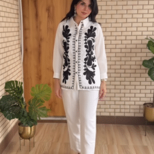 Ivory Cotton Co-ord Set with Contrast Black Appliqué Work