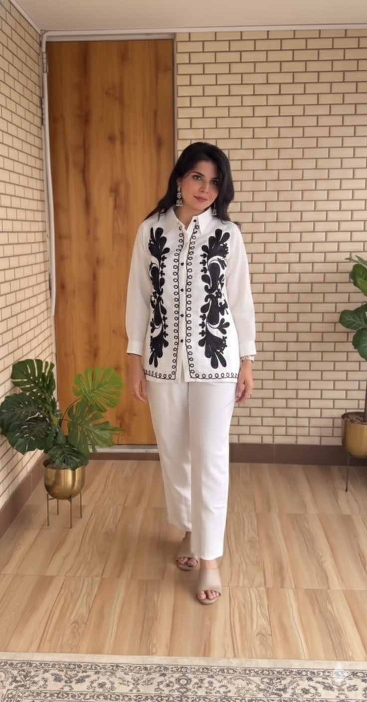 Ivory Cotton Co-ord Set with Contrast Black Appliqué Work