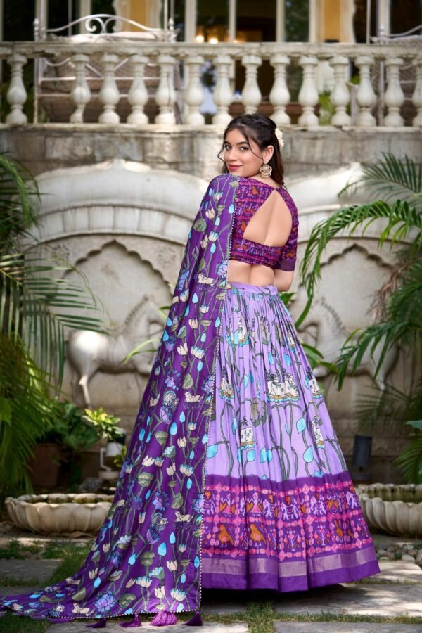 1214LUVBACK.jpg Lavender Pichwai & Patola Print Tussar Silk Lehenga Choli with Zari Weaving Border
