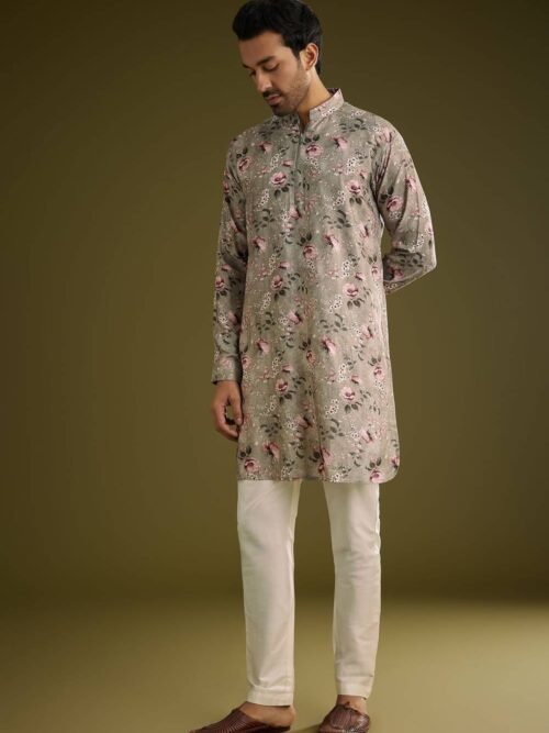 365_1 Grey Printed Kurta Set In Russian Silk With Zipper