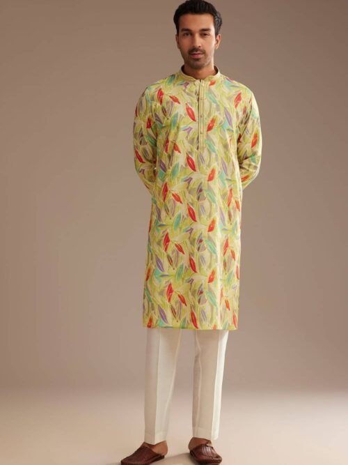 369_1 Lime Green Silk Leaf Printed Kurta Set