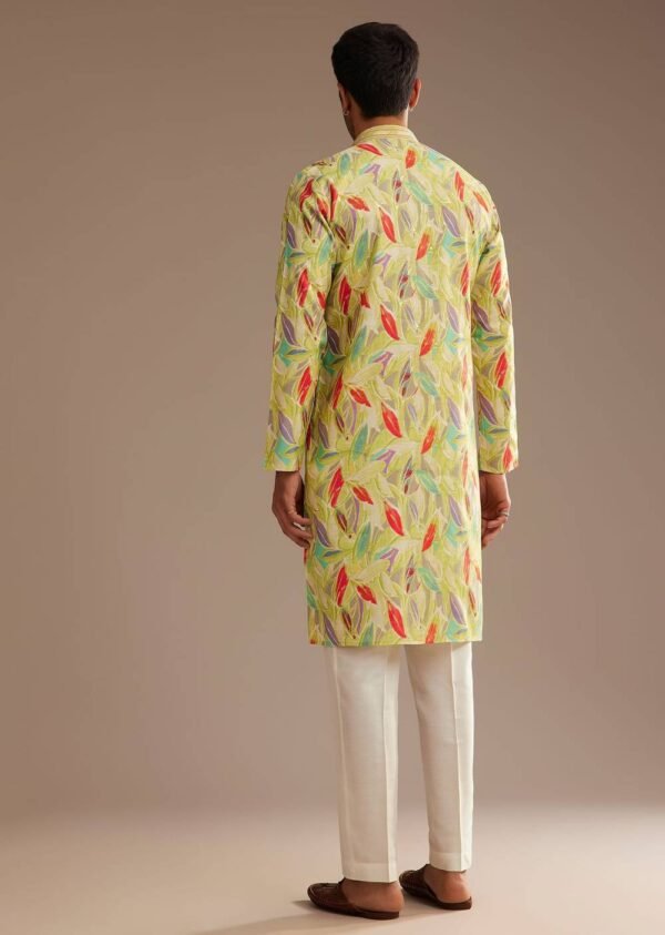 Lime Green Silk Leaf Printed Kurta Set