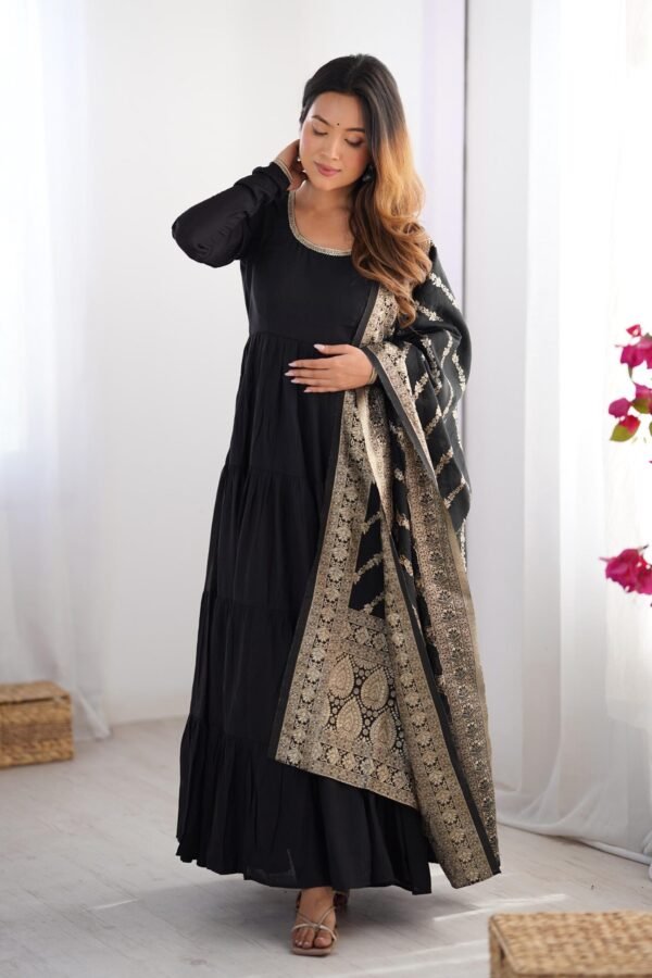 IMG_6064.jpg Black Roman Silk Four-Layer Anarkali Gown Set