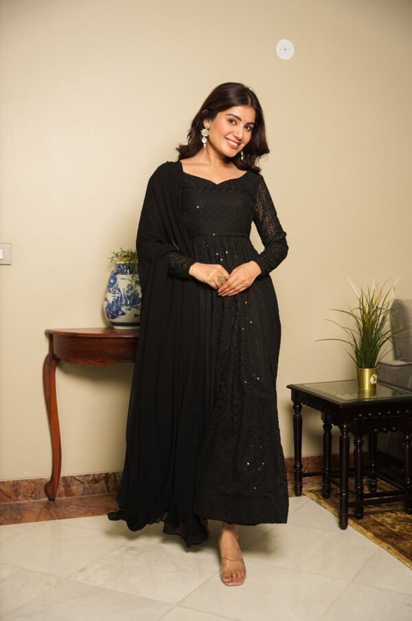 TAN111_2.jpg Black Georgette Lucknowi Work Anarkali Suit Set